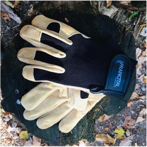 gants bucheron francital jaune posé sur souche d'arbre